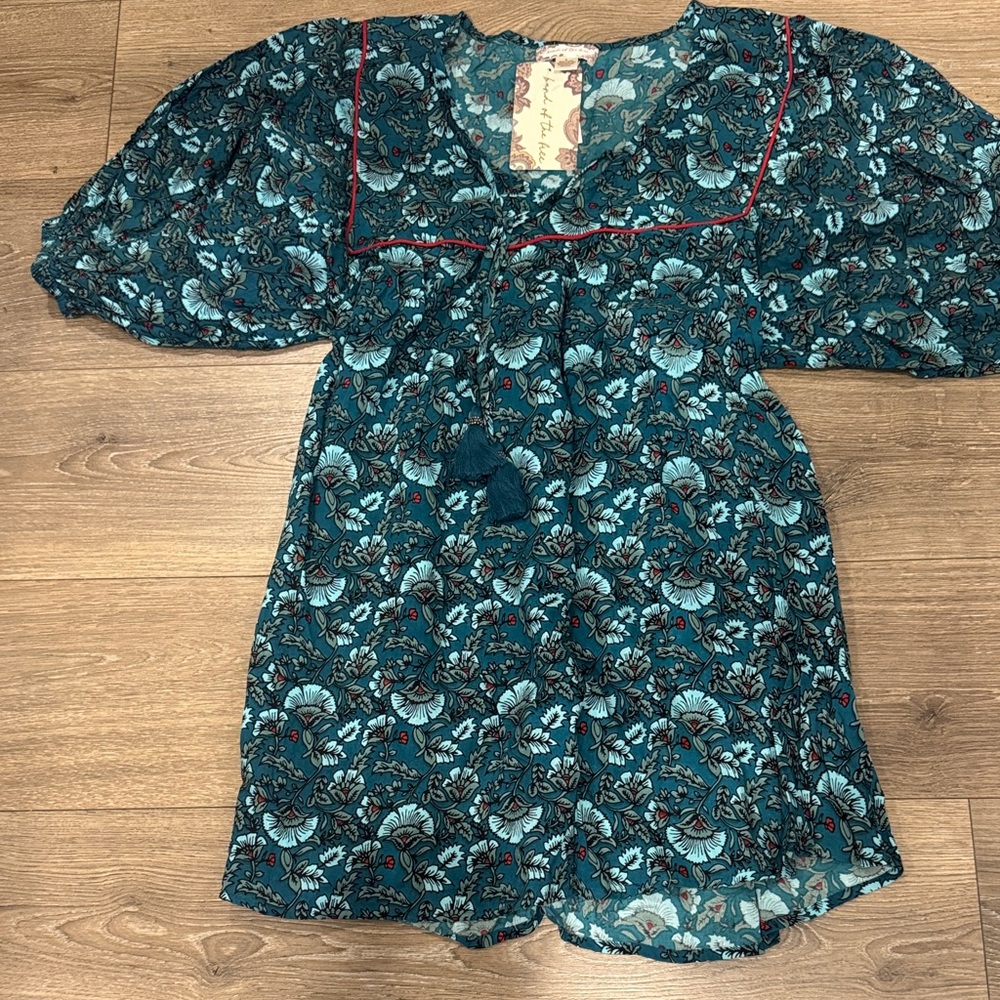 Teal Floral Dress with Red Accents